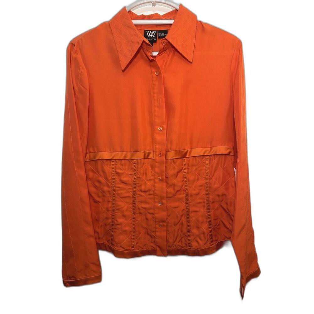 WORTH Orange 100% Silk Button Front Blouse Quilted Detail Size 10